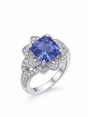 Princess Cut Floral Halo Ring - Purple Tanzanite, Liz Halston 925S